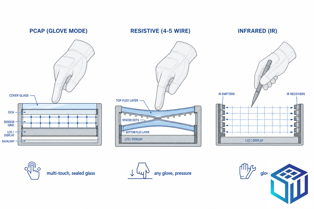 Touch Technology for Gloves: PCAP vs Resistive vs IR — SW Glass