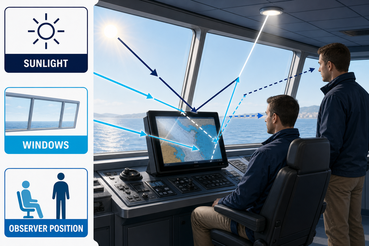 Outdoor and marine light sources and observer positions change display reflection paths.
