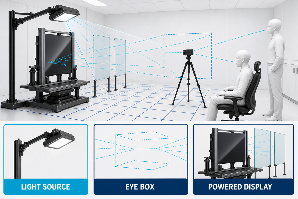 Controlled light-geometry grid for paired anti-glare and anti-reflective glass samples.