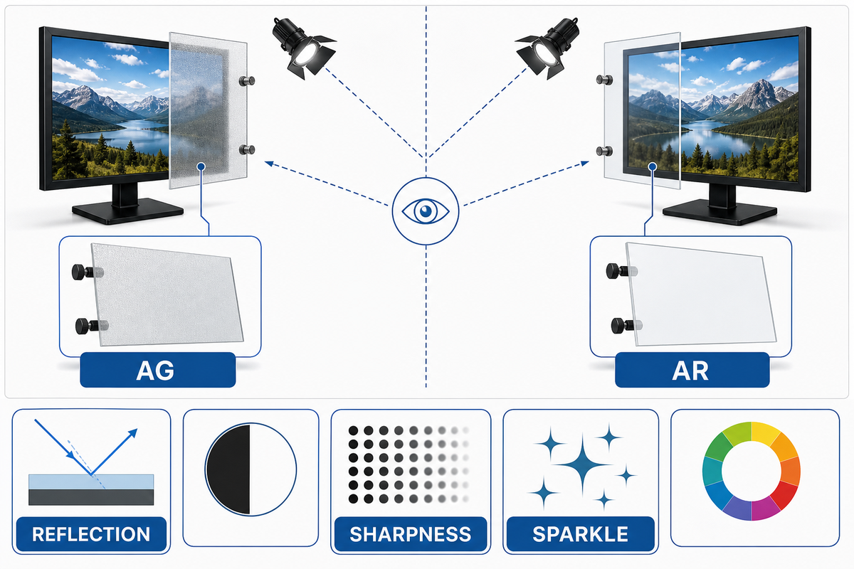 Paired AG and AR samples scored for reflection control and image quality trade-offs.