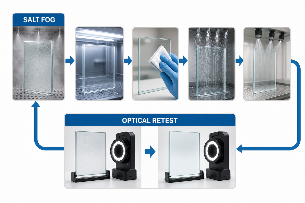 Environmental exposure, cleaning and optical retesting loop for coated cover glass.