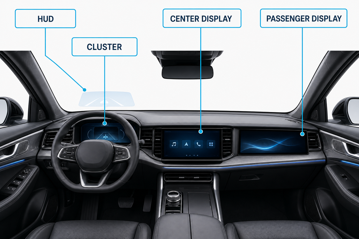 Cockpit screen role map for instrument cluster, center, passenger and head-up displays.
