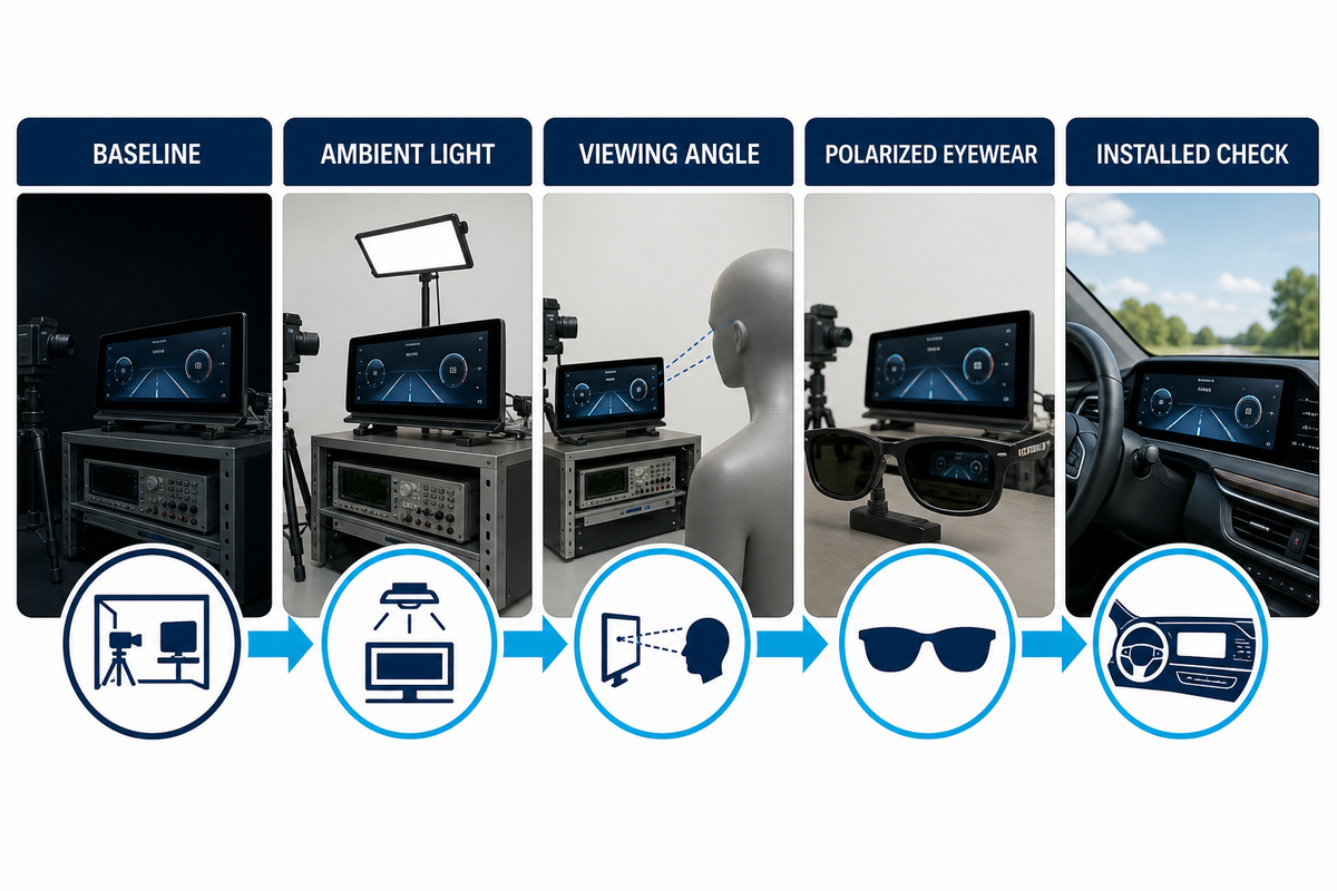 Five-step ambient contrast validation map for an automotive dashboard display.