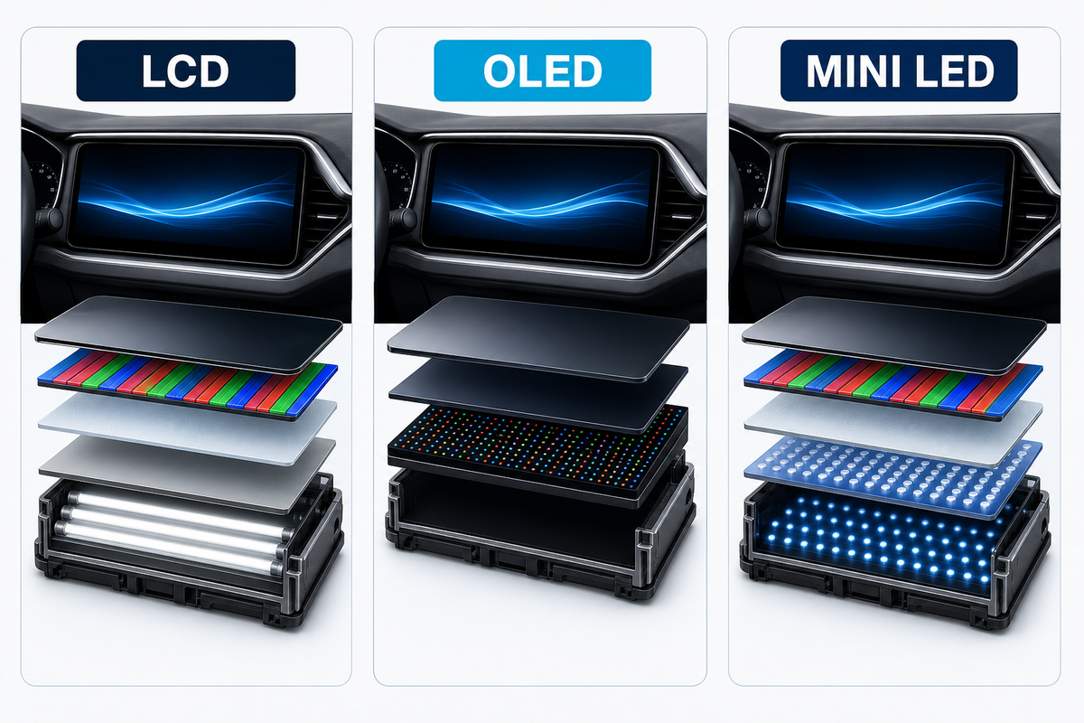 LCD, OLED and Mini LED automotive display architectures compared against duty cycle.
