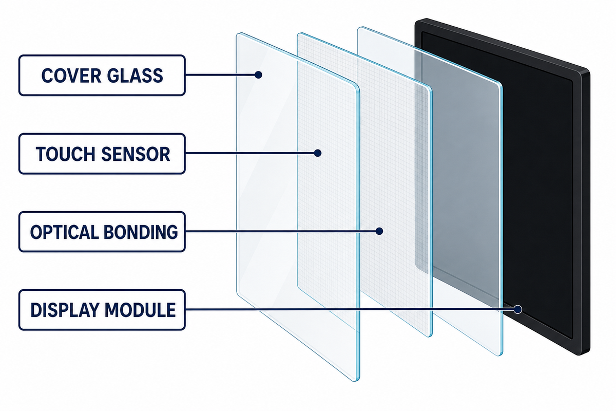 Exploded automotive display cover glass, touch, bonding and display stack.