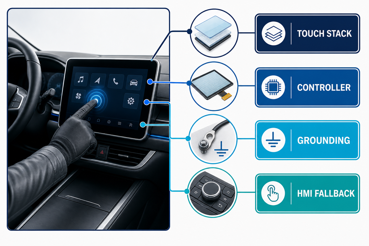 Touch stack, controller, grounding and HMI fallback designed as one automotive system.