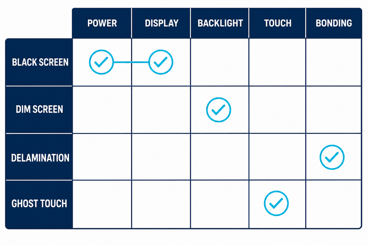 Layer-by-layer fault diagnosis for black, dim, delaminated or ghost-touch dashboard screens.