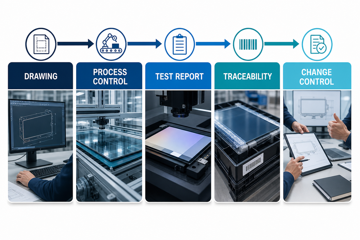 Supplier qualification evidence chain for automotive display glass production.