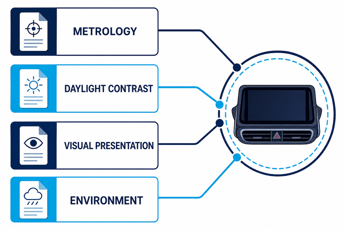 Authoritative source map for automotive display metrology, readability and validation.