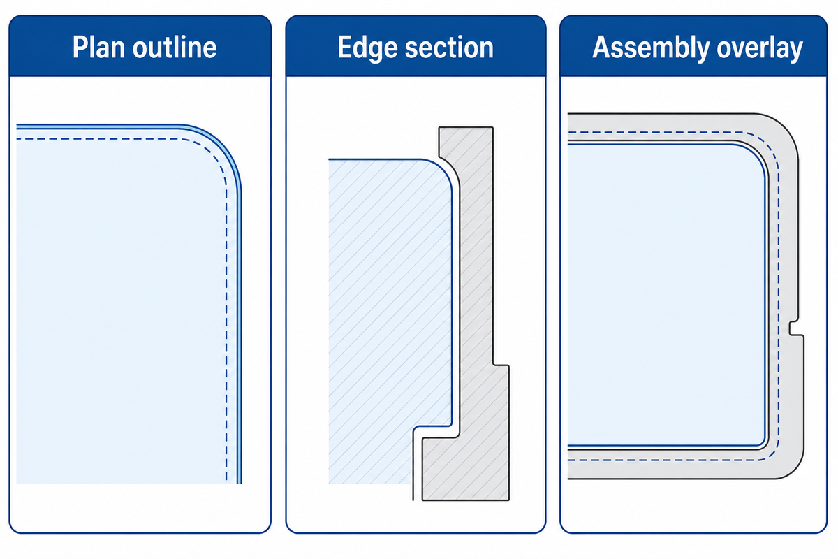 Plan outline, edge section and assembly overlay control different boundaries (SW Glass drawing framework).