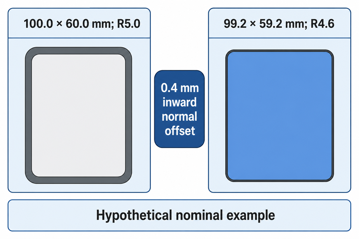 Hypothetical 0.4 mm normal inset: 100.0 × 60.0 R5.0 pocket becomes 99.2 × 59.2 R4.6 glass; no tolerance.