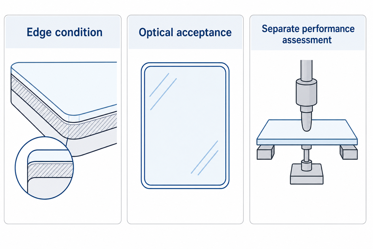 A smooth edge is not strength certification; inspect edge, optics and performance separately (Bukieda et al., 2020).