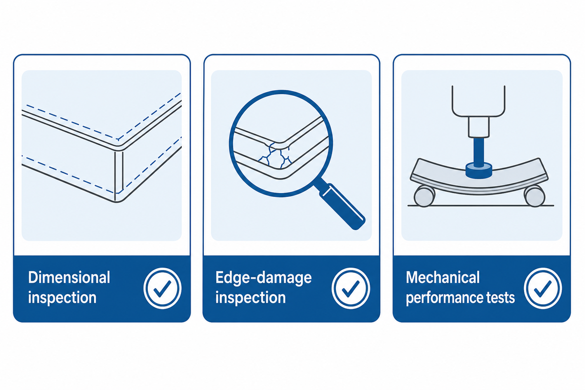 Dimensional, damage and mechanical records stay separate; glass-level testing is not assembly approval (IEC 61747).