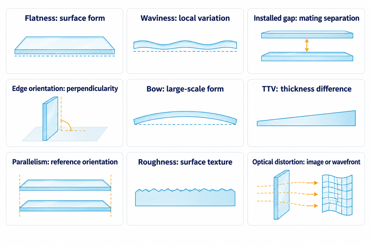 Nine reported glass properties answer different design questions, as defined in the article's metrology comparison.