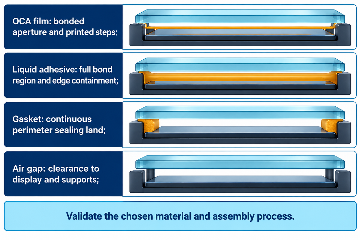 Film, liquid adhesive, gasket and air-gap assemblies control different regions, derived from the article's four-route matrix.