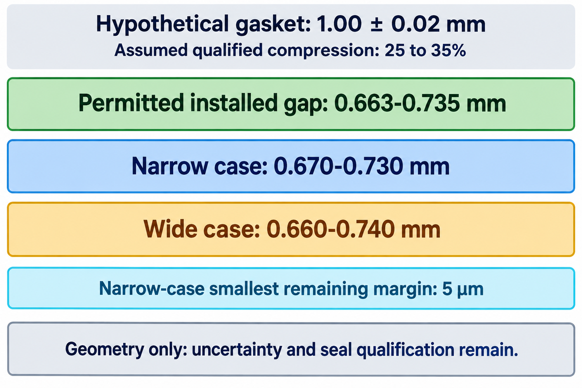 The hypothetical narrow gap fits inside 0.663–0.735 mm; the wider case exceeds both limits, from the worked calculation.
