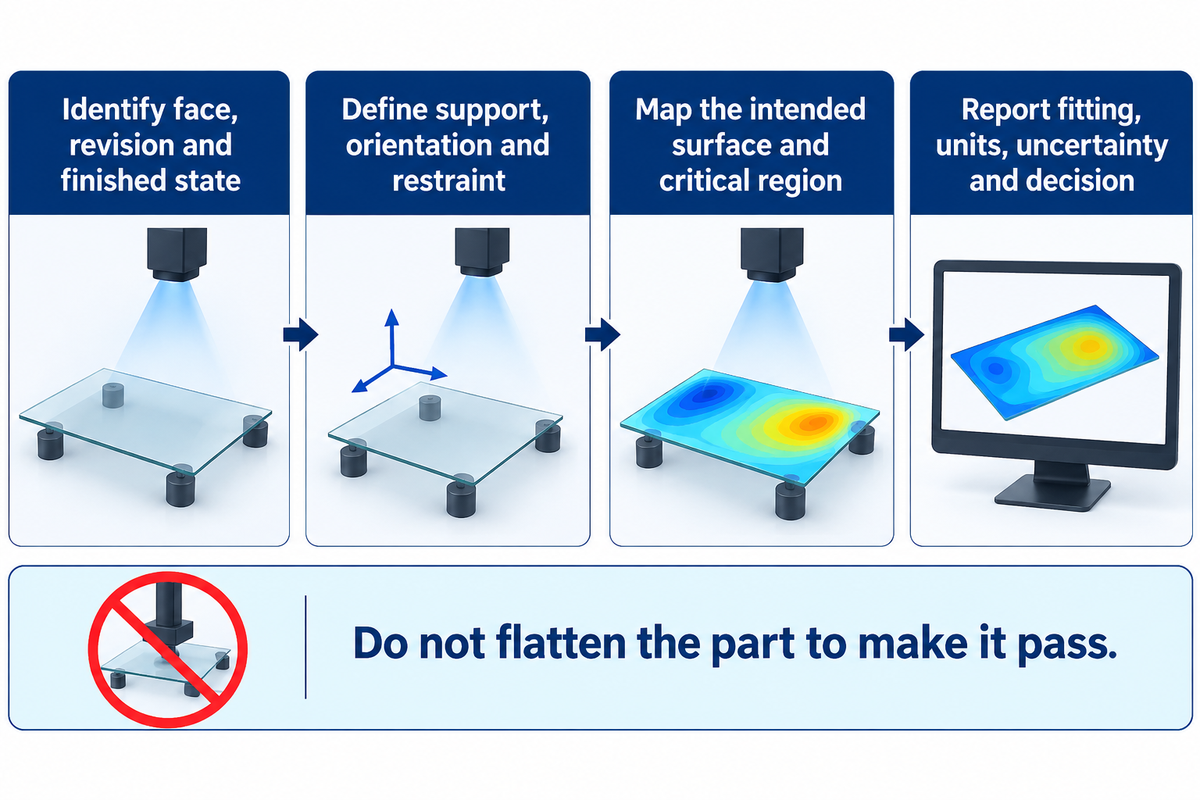 A repeatable inspection identifies the finished face, defines support, acquires the map and reports evaluation conditions, following the article's measurement protocol.