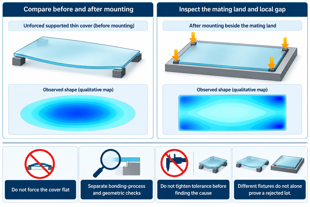 Compare mounted and unmounted measurements with the mating land before attributing defects to glass bow, based on the diagnostic checks.