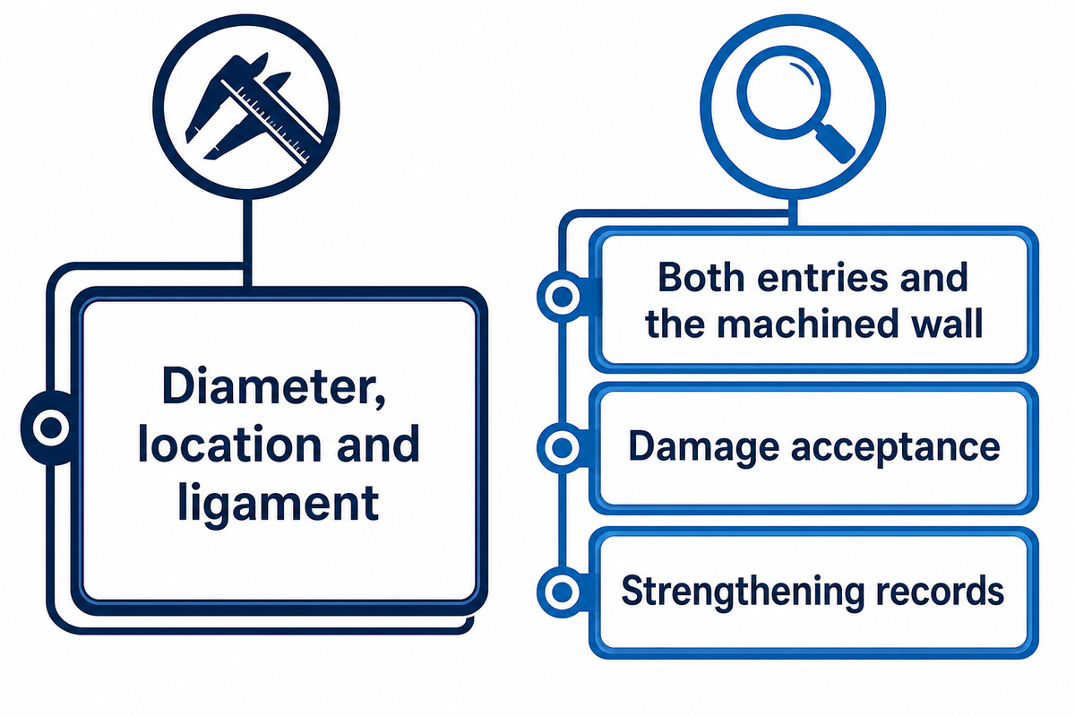 Record hole dimensions separately from edge damage and strengthening evidence.