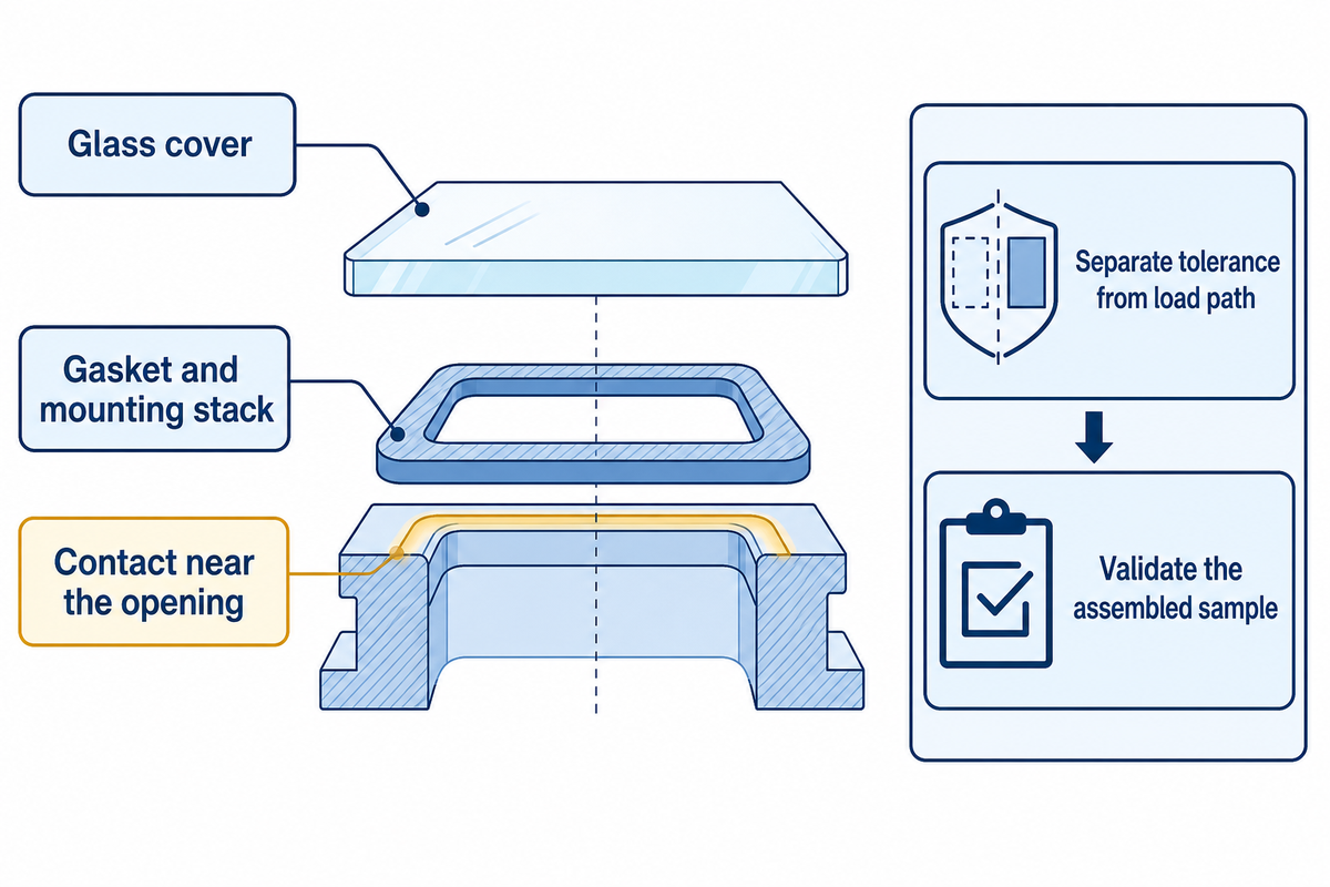 A dimensional fit check does not establish the load on the glass in the complete mounting stack.