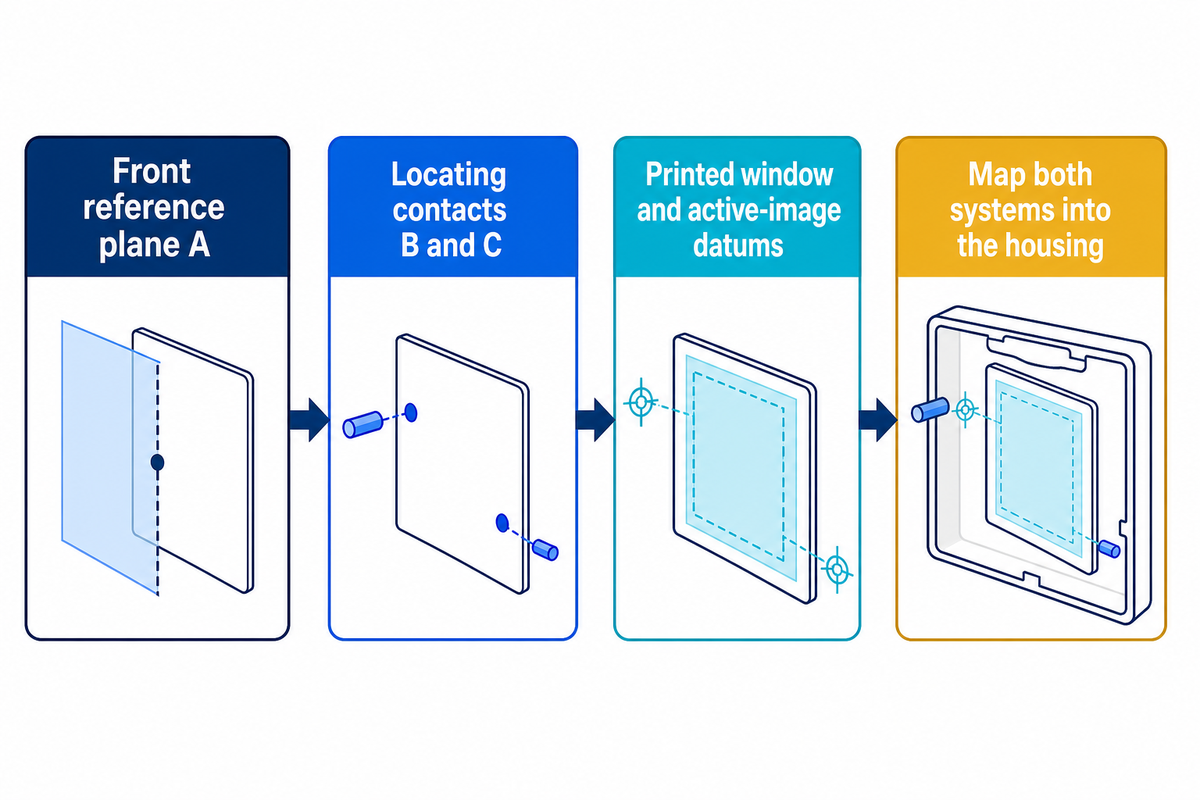 Use real locating contacts to connect glass and module datums. Basis: ASME public overview.