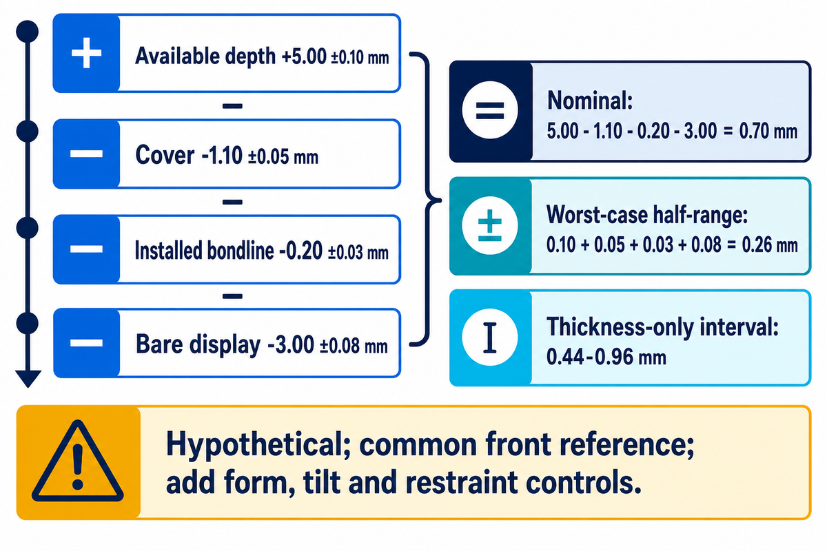 Hypothetical 0.44-0.96 mm clearance is thickness-only; form and pose need checks. Author worksheet.
