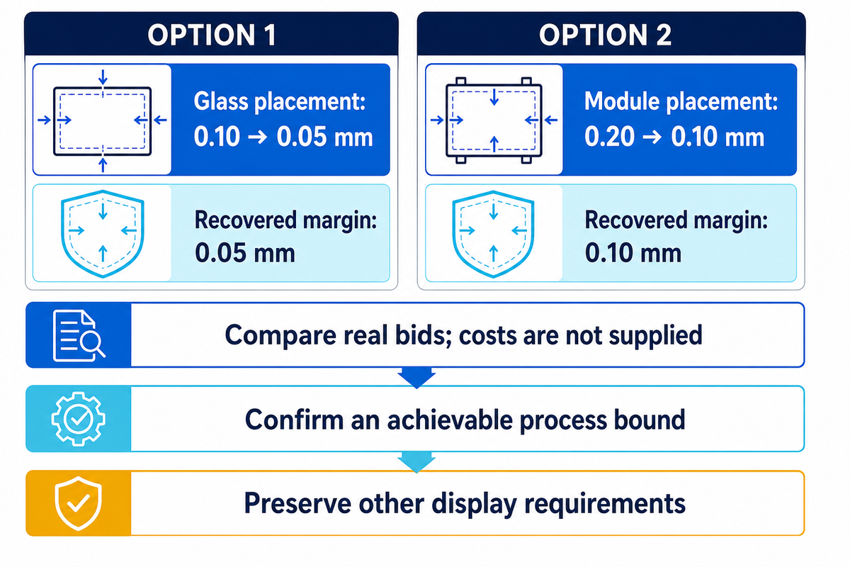 Hypothetical placement changes recover 0.05 or 0.10 mm; costs remain unknown. Author comparison.