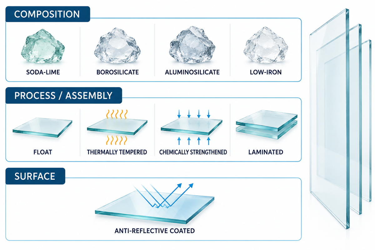 Nine glass names grouped by composition, process or assembly, and surface treatment (3-Layer Glass Choice).