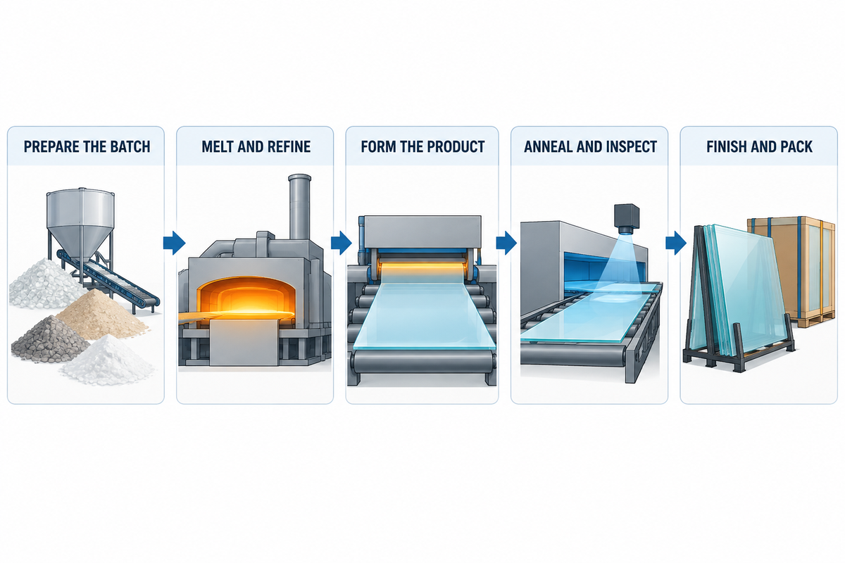 Glass production moves from batching and refining to forming, annealing, inspection and finishing (BV Glas).