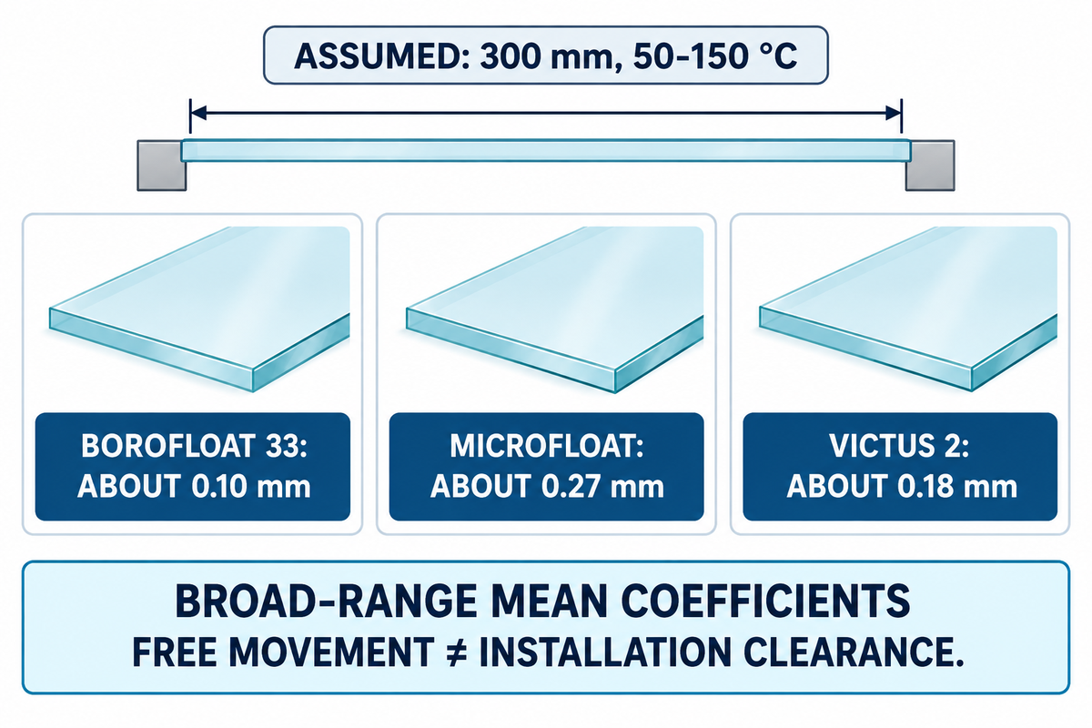 Assumed 300 mm strip over 100 K expands about 0.10/0.27/0.18 mm using published mean coefficients; not clearance.
