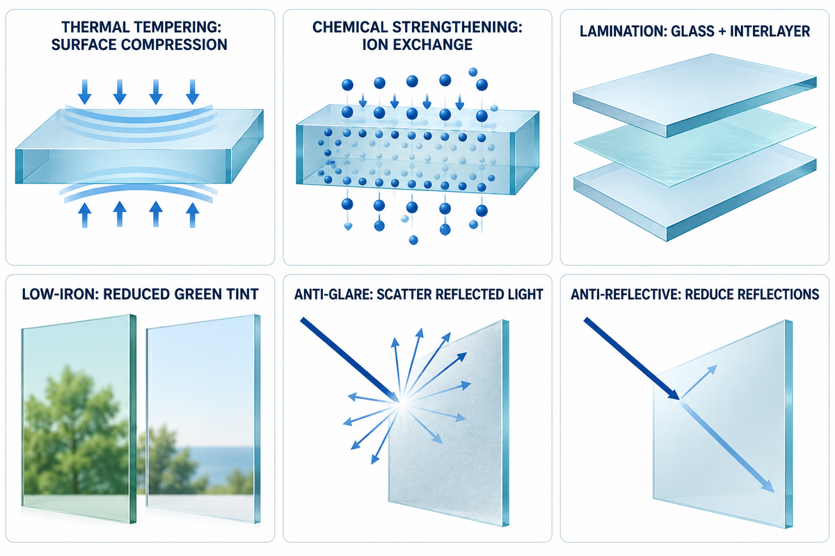 Tempering, ion exchange, lamination and optical finishes perform distinct jobs; ASTM C1422 classifies chemical strengthening.
