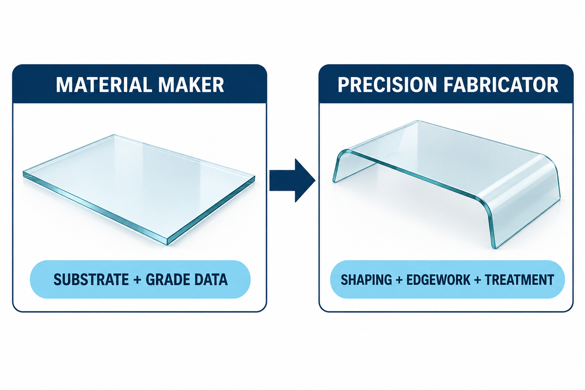 Material makers supply substrates; precision fabricators shape and treat finished covers (BV Glas and SW Glass).