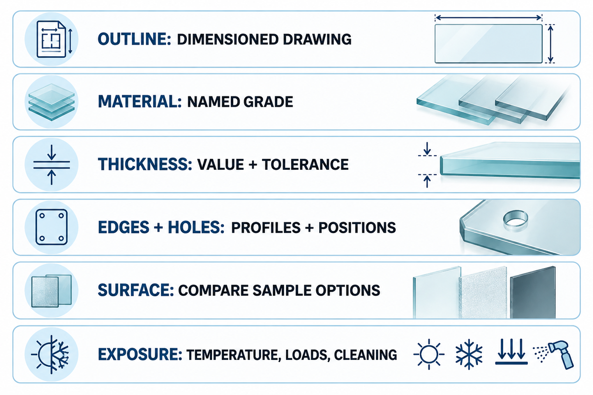 Cover-panel enquiry specifies outline, grade, thickness, edges, surface and operating exposure (hypothetical RFQ).