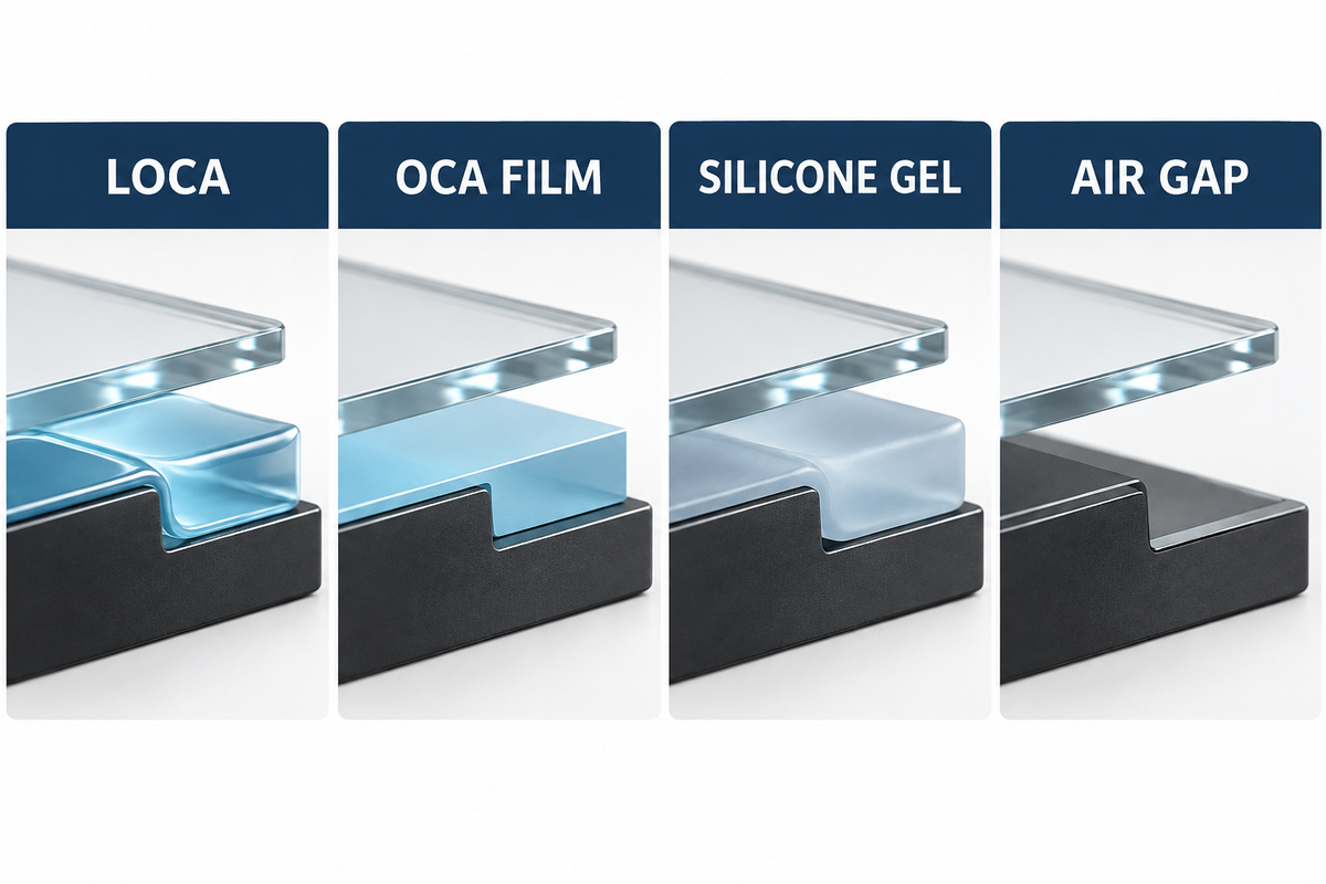 LOCA, OCA film, silicone gel and air-gap display bonding routes compared.