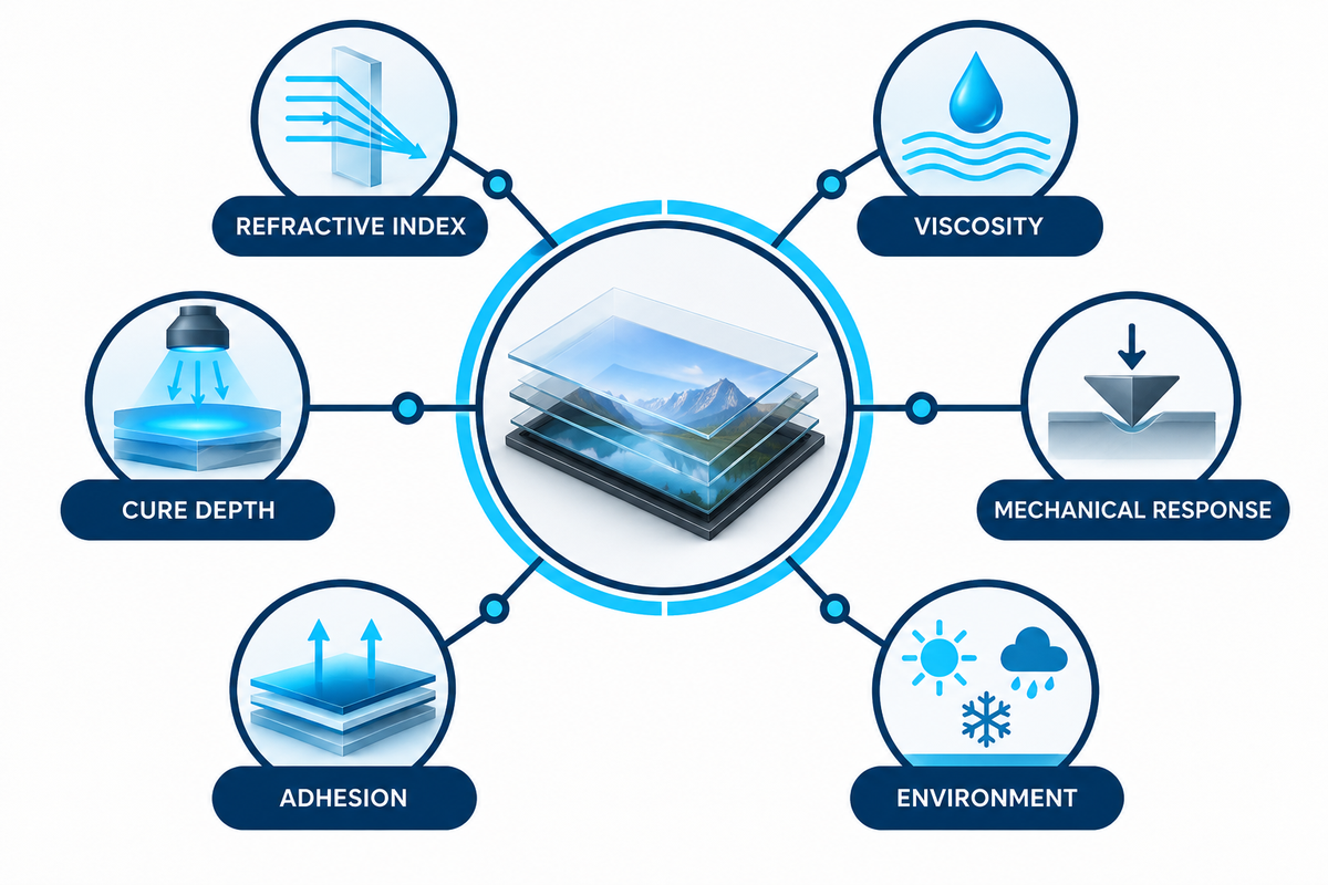 LOCA process window links refractive index, viscosity, cure, hardness and adhesion.