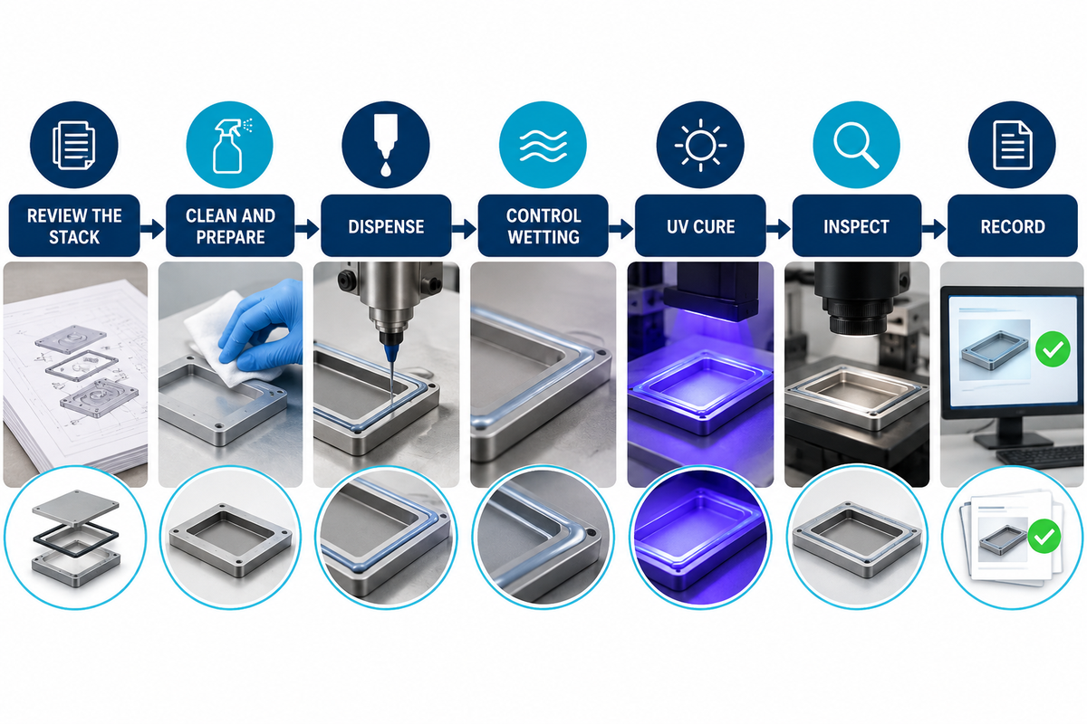Seven-stage LOCA bonding workflow from stack review through cure and inspection.