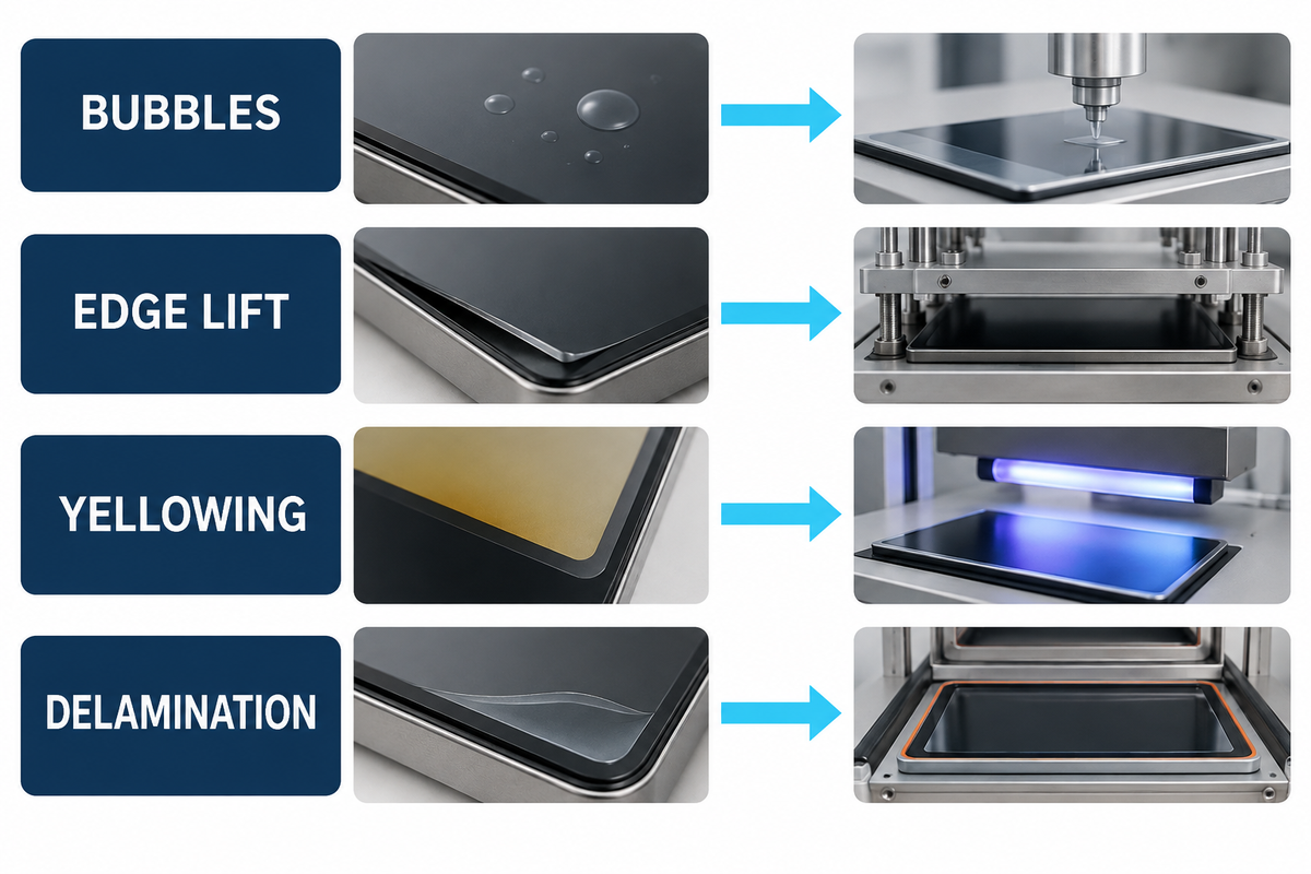 LOCA defect matrix links bubbles, edge voids, yellowing and delamination to controls.
