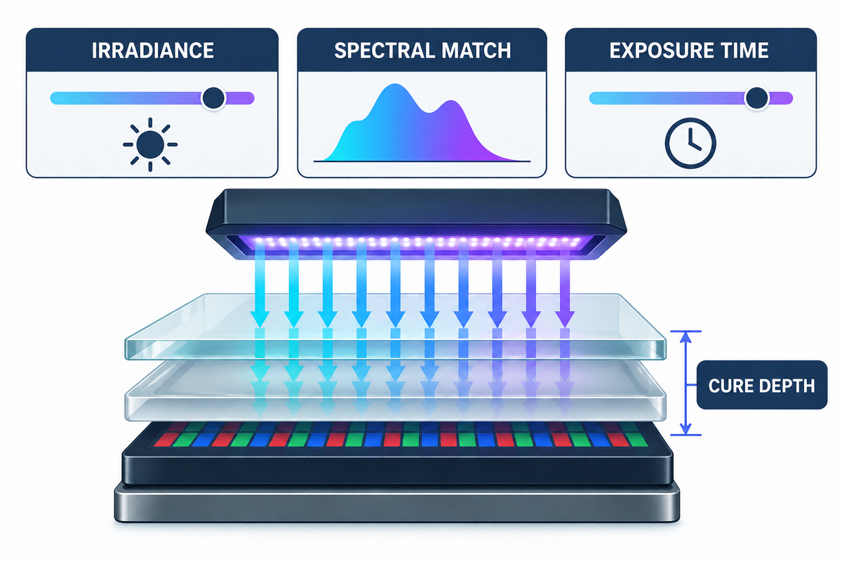 UV cure control depends on irradiance, time, spectrum, attenuation and cure depth.