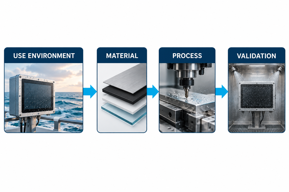 Outdoor and marine use conditions translated into material, process and validation requirements.