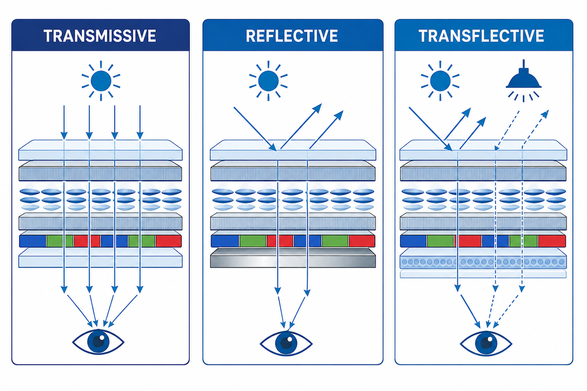 Transmissive, reflective and transflective LCD optical architectures compared.