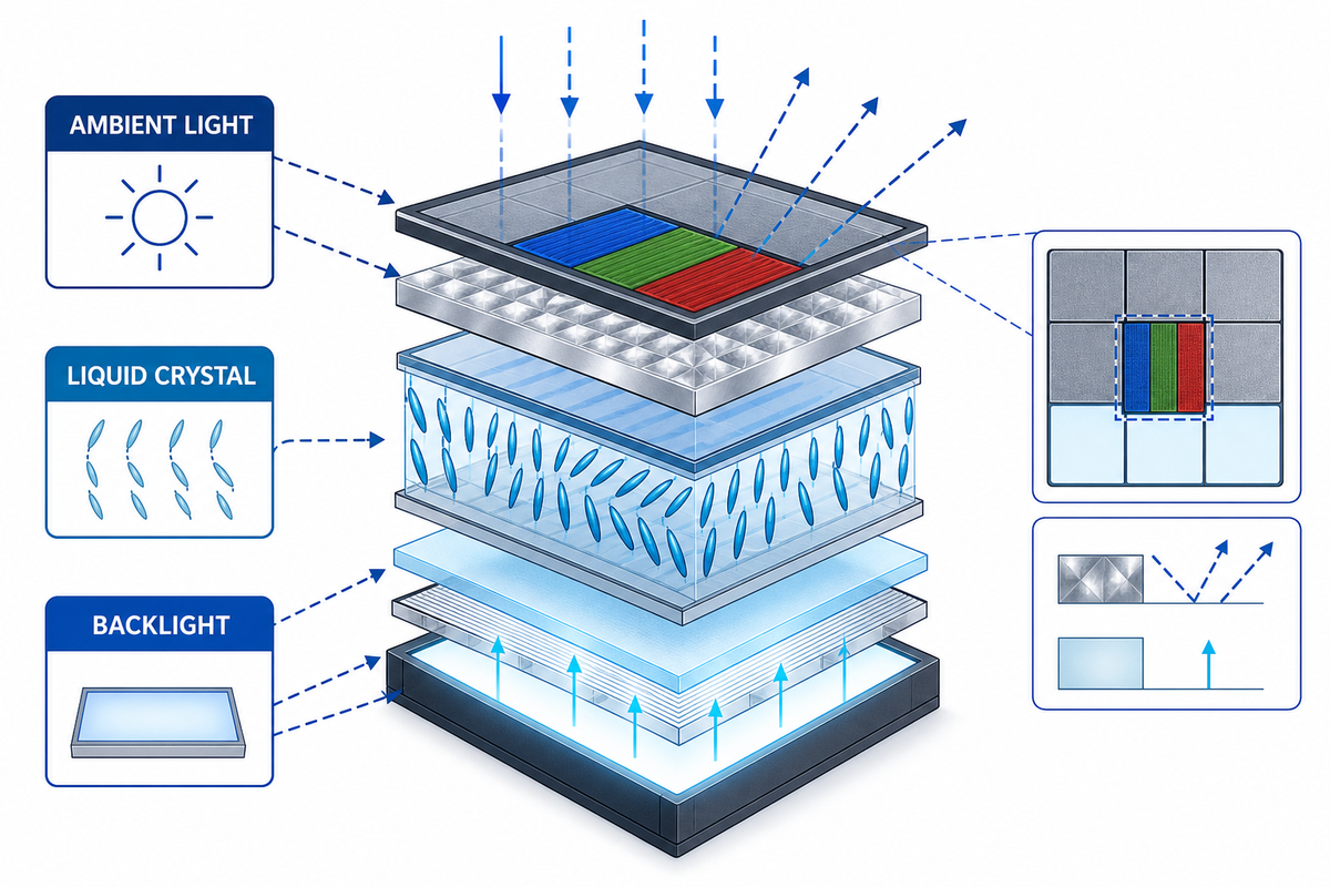 Reflective and transmissive regions sharing a transflective LCD pixel.