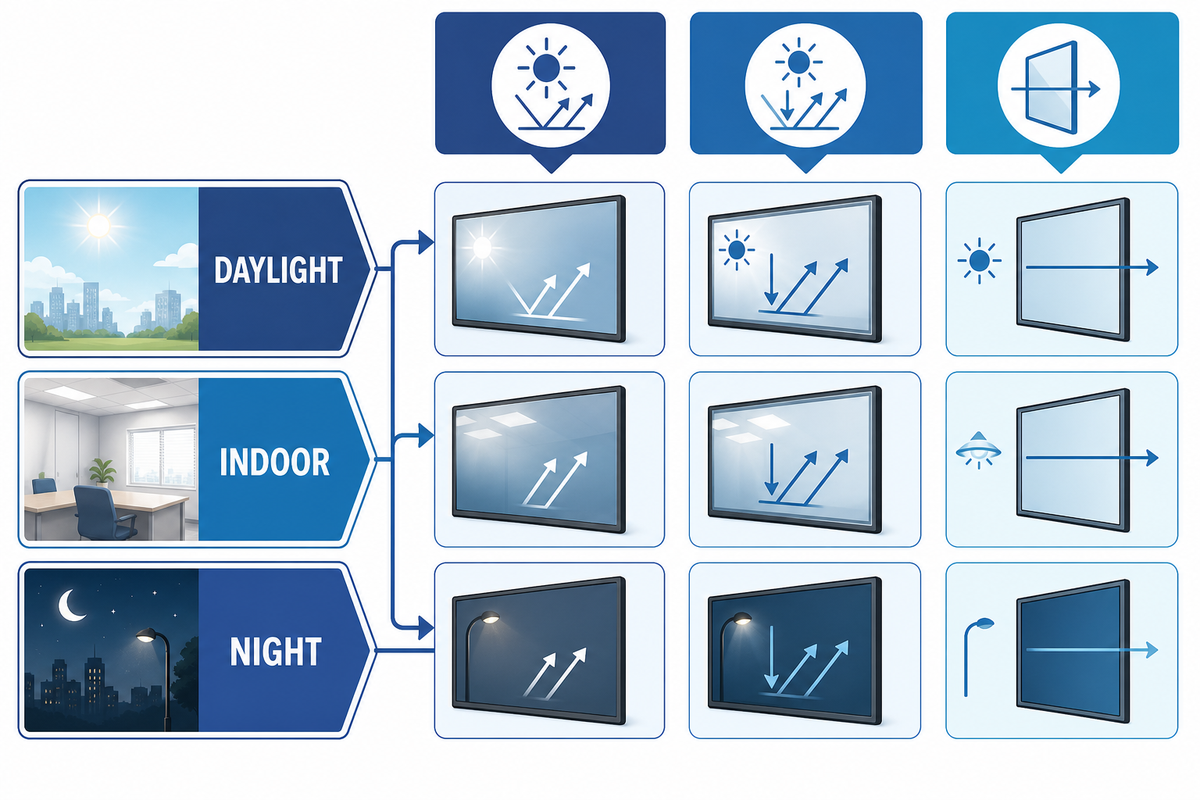 Display architecture choices across daylight, indoor and night operating scenes.