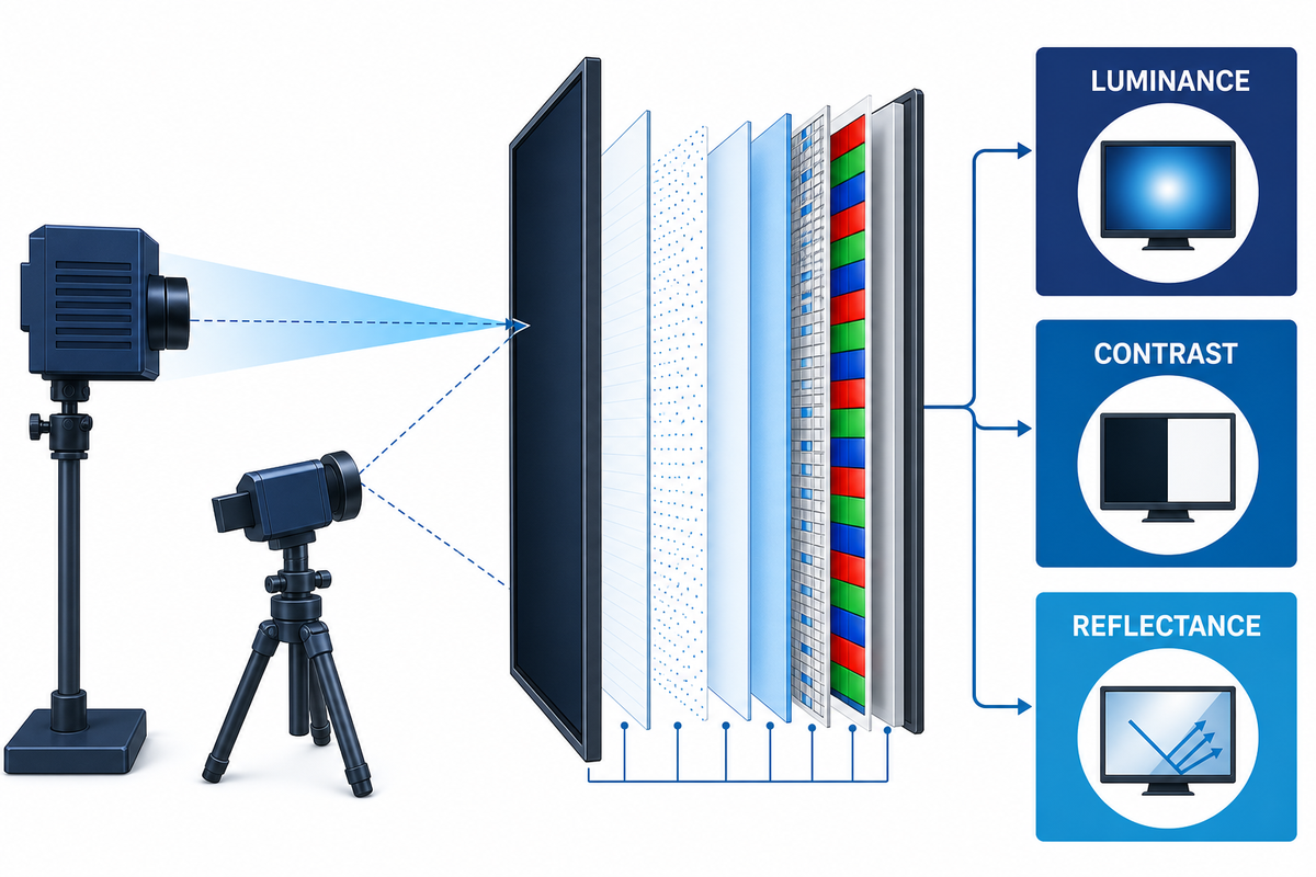 Optical measurement setup for a complete bonded transflective display stack.