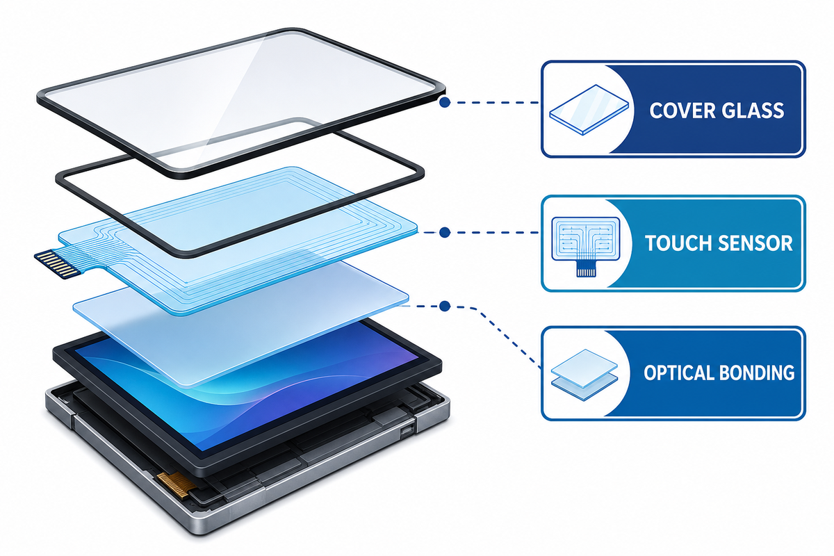 Touch, bonding and cover glass layers in a complete display stack.