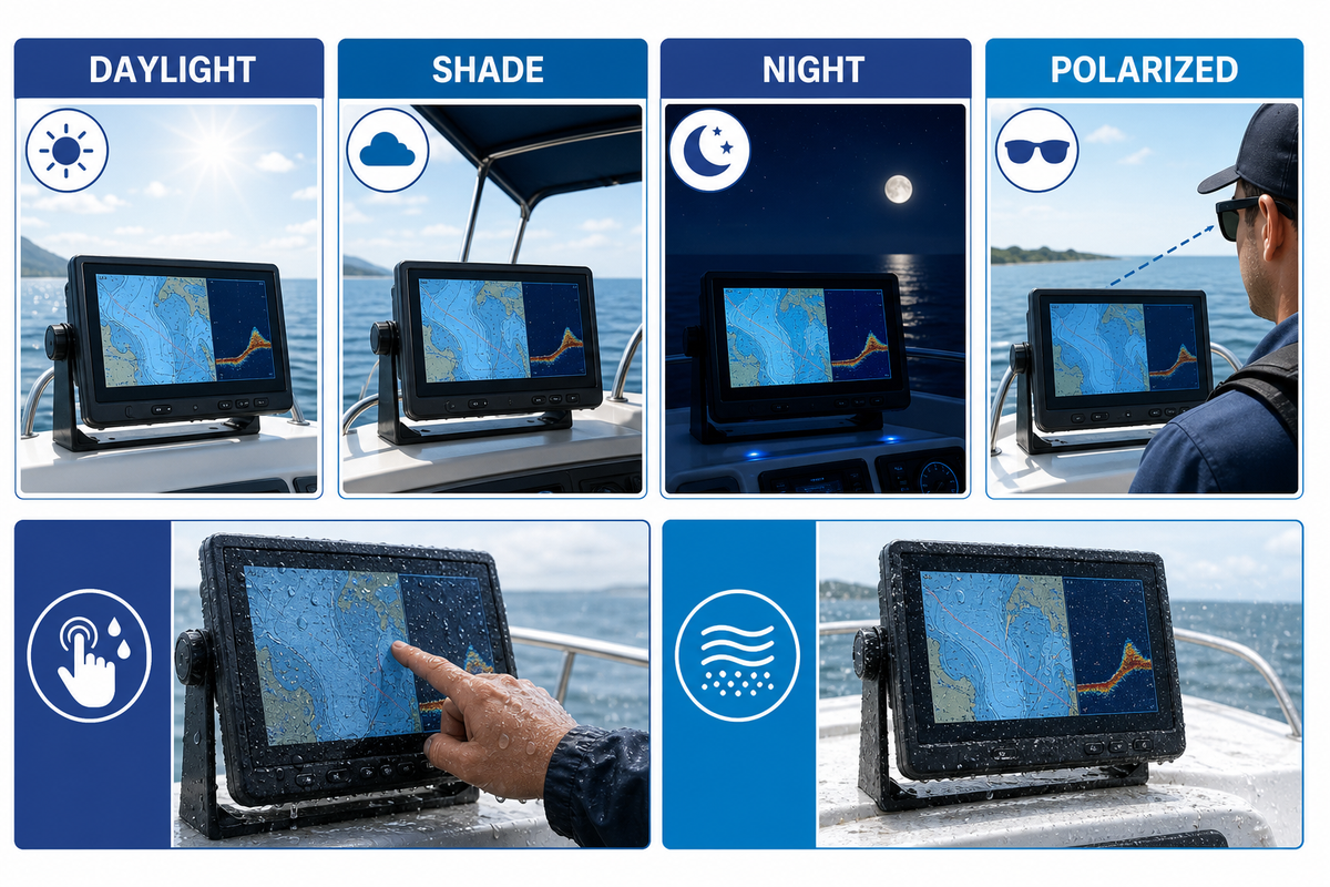 Outdoor and marine validation conditions for a transflective display.