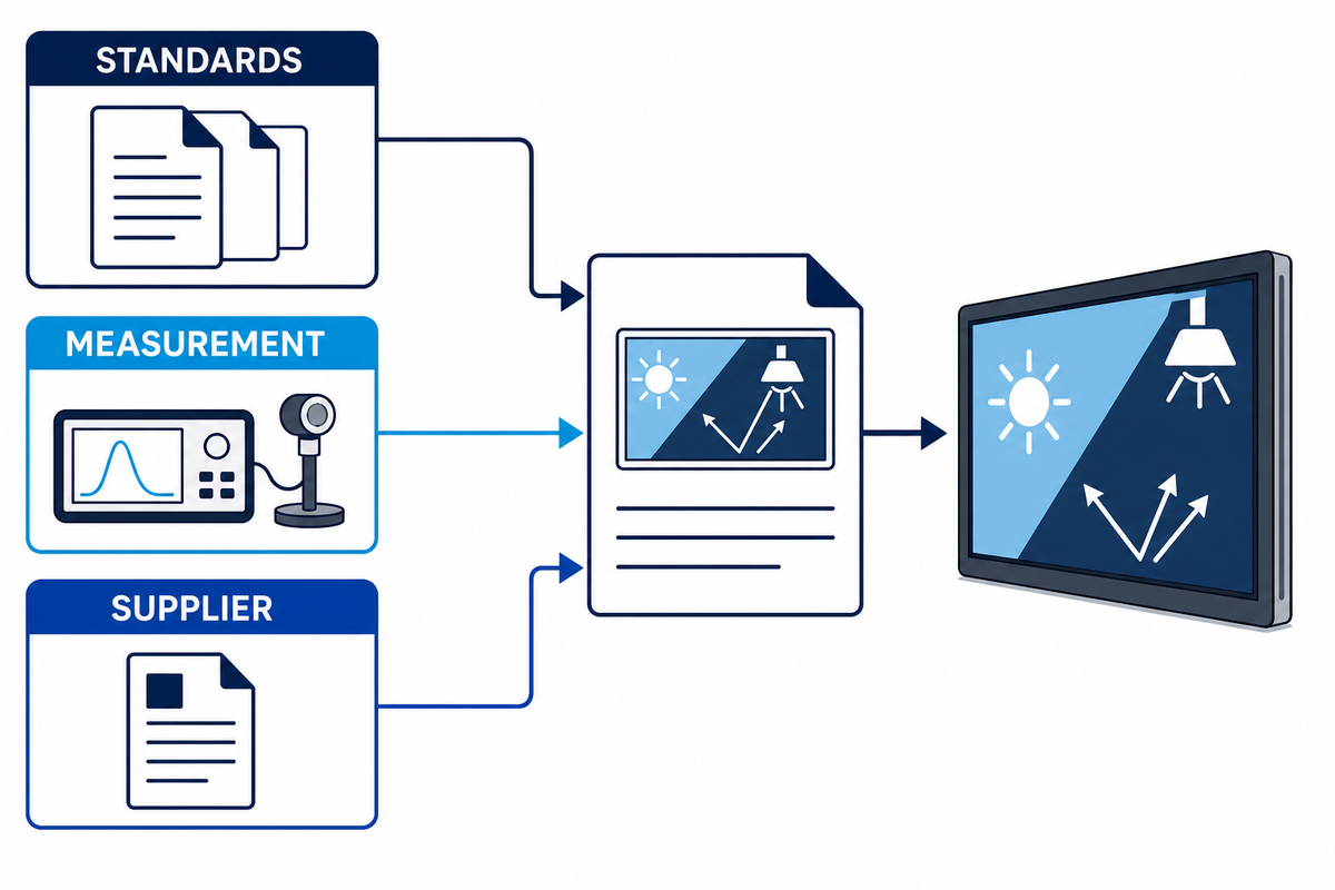 Technical standards, optical measurements and supplier documentation used to verify a transflective display specification.