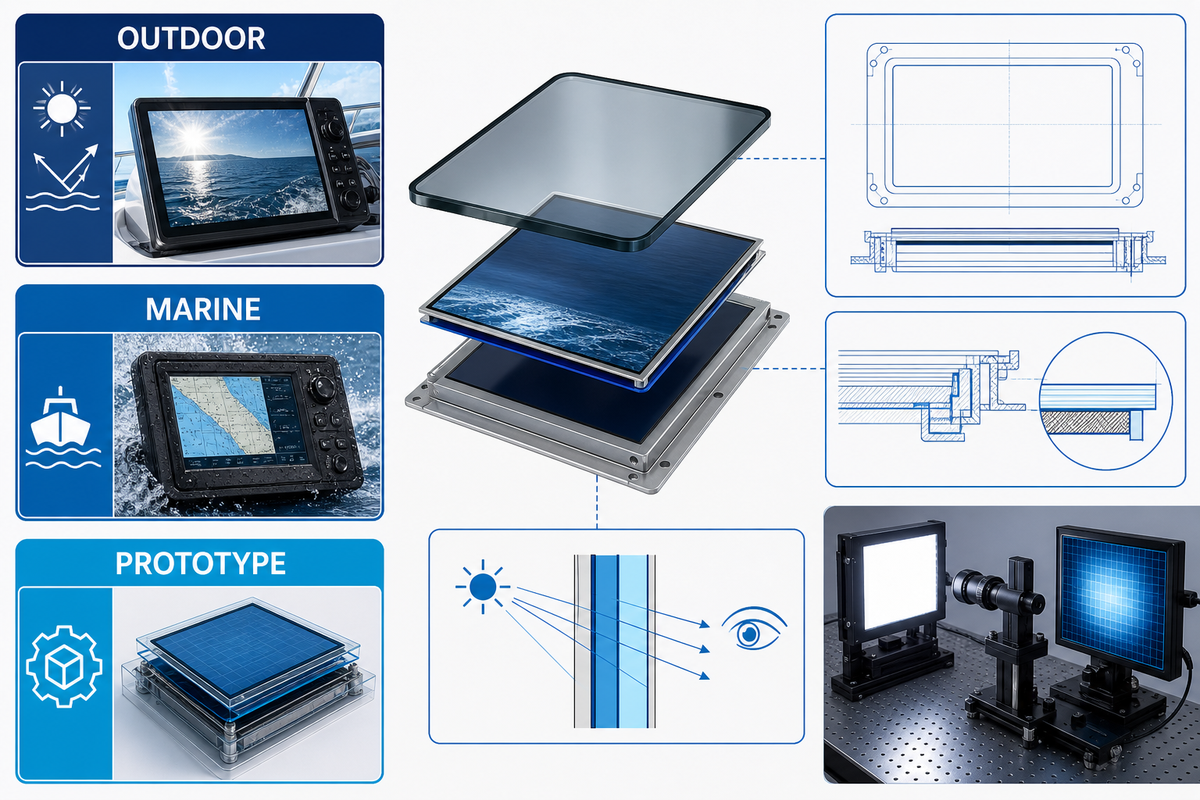 Custom outdoor and marine display glass development bench.