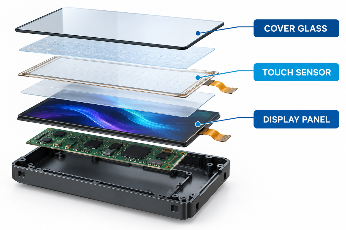 Exploded vehicle touchscreen stack from cover glass to display and enclosure.
