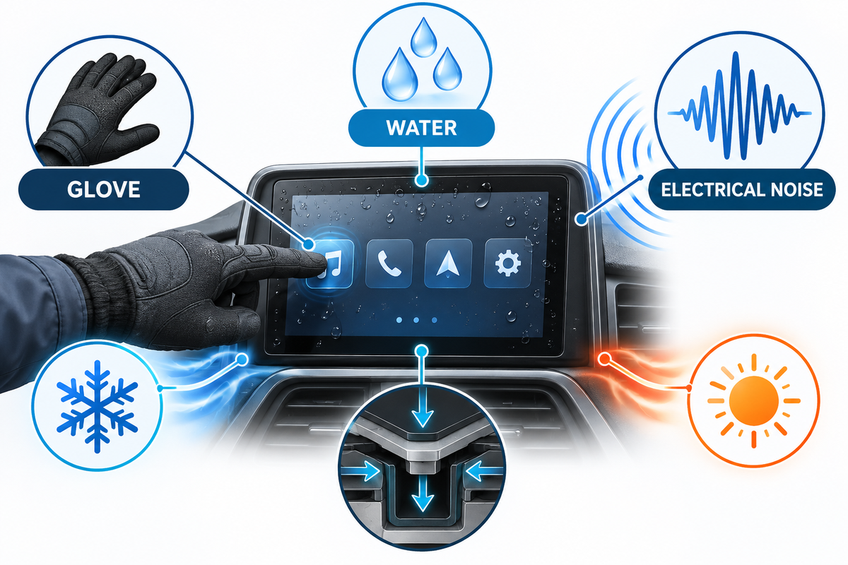 Vehicle touchscreen operating conditions that affect touch detection and false-event margin.