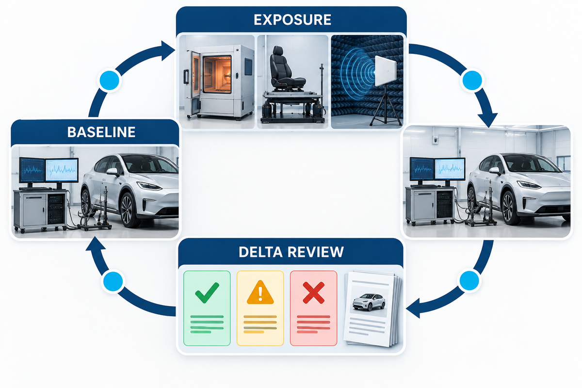 Vehicle touchscreen validation loop from baseline measurement through exposure and delta review.